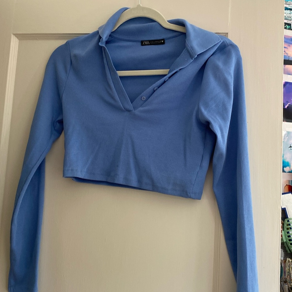 Zara blue collared crop top longsleeve